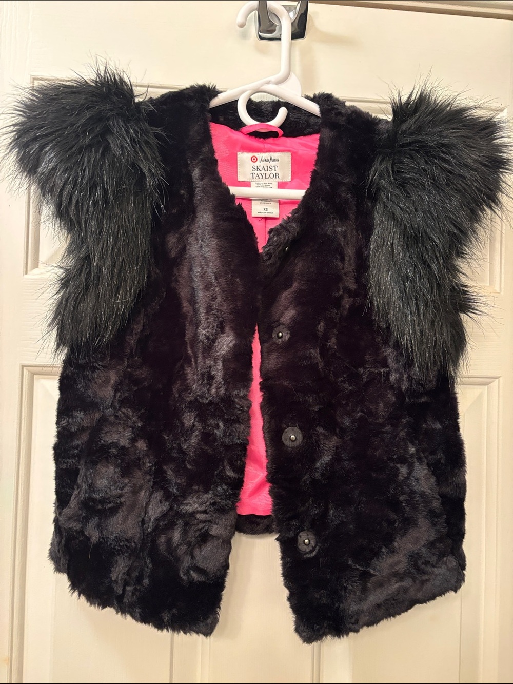 Skaist Taylor Black Faux Fur Vest with Pink Lining and Faux Fur Shoulders